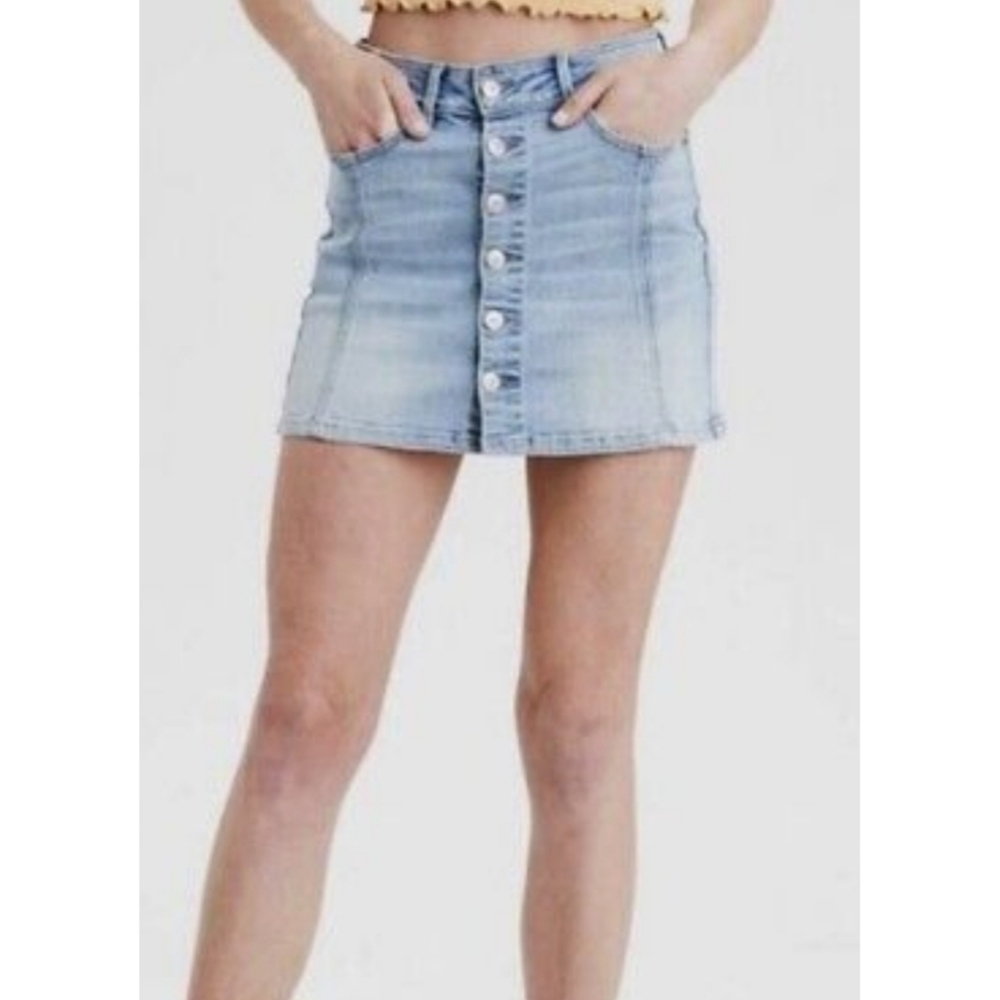 American Eagle Super Stretch Hi Rise A-Line Denim Mini Skirt SZ 08 Button Up